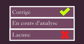 Tableau de 3 lignes contenant : "Corrigé" suivi d'un symbole de validation vert ; "En cours d'analyse" ; "Lacune" suivi d'une croix rouge