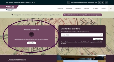 Capture d'écran de la page d'accueil du site internet des Archives départementales du Pas-de-Calais avec le bloc à gauche "Archives numérisées : consulter" entouré.