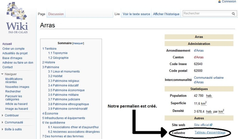 Capture d'écran d'une page de Wikipasdecalais où l'on voit l'annotation suivante "Notre permalien est créé" pointant sur "Tableau d'assemblage" souligné.