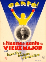 Affiche en couleur. Au centre d'un triangle bleu, on remarque le portrait noir et blanc en médaillon de M. Carrière. Au-dessus, la silhouette jaune d'un homme bras levés (aux mains rouges) semble jaillir du médaillon et brandir le slogan "santé !" écrit en jaune. En-dessous, "la tisane de santé du vieux major" (en rouge) "est" (en bleu) "laxative, tonique, dépurative" (en jaune).