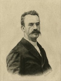 Gravure noir et blanc de Jules Crépieux-Jamin de trois-quart, portant un moustache fournie et un binocle. 