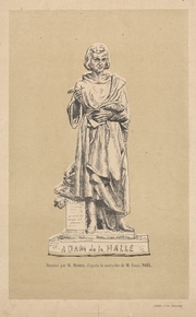 Dessin monochrome représentant la statue d'un homme du Moyen-âge en train d'écrire.