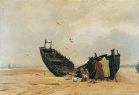 Peinture montrant des pêcheurs sur la plage, devant une coque de navires renversée.