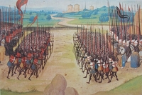 Image couleur montrant deux armées s'affrontant dans une plaine.