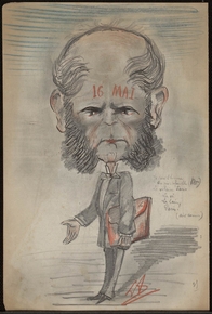 Caricature couleur montrant un homme à la tête disproportionnée, tenant un cartable sous le bras. Sur son front est inscrite la date "16 mai".