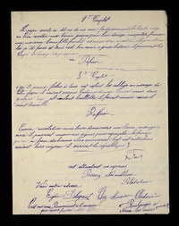 Texte manuscrit sur lequel on lit : "2e couplet : Le pape Sarto a dit « No de no ! Enn faut j’escommunil la bande rouge Ou bien suciter une bonne guerre pour leur donner une pettite frousse ». Mais Marianne, bonne fille, fourbit cest canons et « En avant, dit-elle, j’mettrait Les p’tit frères et tous cest bon noir à grosse bedaine, il parreront les Coups de mes p’tits pioupious » ! (au refrain) 3e couplet : S’qu’il aurait falus à tous cest cafart, [c’est] les oubligé au mariage. De Cette façon, il n’aurrait pas pus continuer de nou cornart, mais dans Quelques temp, s’ils veulent boullotté, il feront comme nous, il Iront travaillé. (refrain) [4e couplet] Comme consolation nous leur donnerons une bonne ménagère, Ainsi il pourront comme nos dignes pères repeupler la France. Qu’on en fasse des hommes, alors nous verront tous cest rattichons Reniant leurs croyonce, il serviront la République. (Fin) Ont attendont vos réponses, recevez nos mellieur salatation. Voici notre adresse : Eugène Delespaul, chez M. Clodoré, boulanger à Nœux-les-Mines, Pas-de-Calais. C’est en vous remerciont à l’avance que nous finison votre lettre".