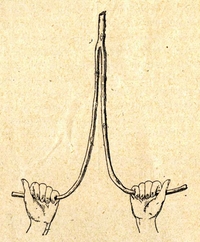 Croquis montrant deux mains tenant un bâton de sourcier.