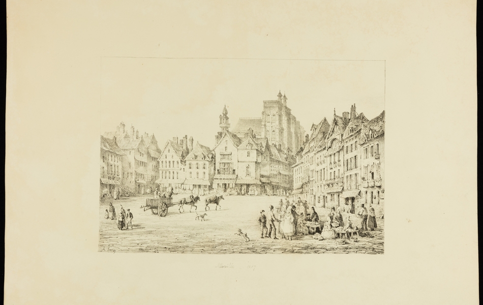 Vue générale de la place d'Abbeville avec l'église Saint-Vulfran en arrière-plan. Au premier plan, des personnages animent la scène : au centre, une charrette tirée par deux chevaux s'avance vers la droite, un chien aboie contre un autre, une scène de marché figure sur la droite. La signature d'Amelia Long apparaît en bas à gauche dans l'image et le titre sous le visuel.