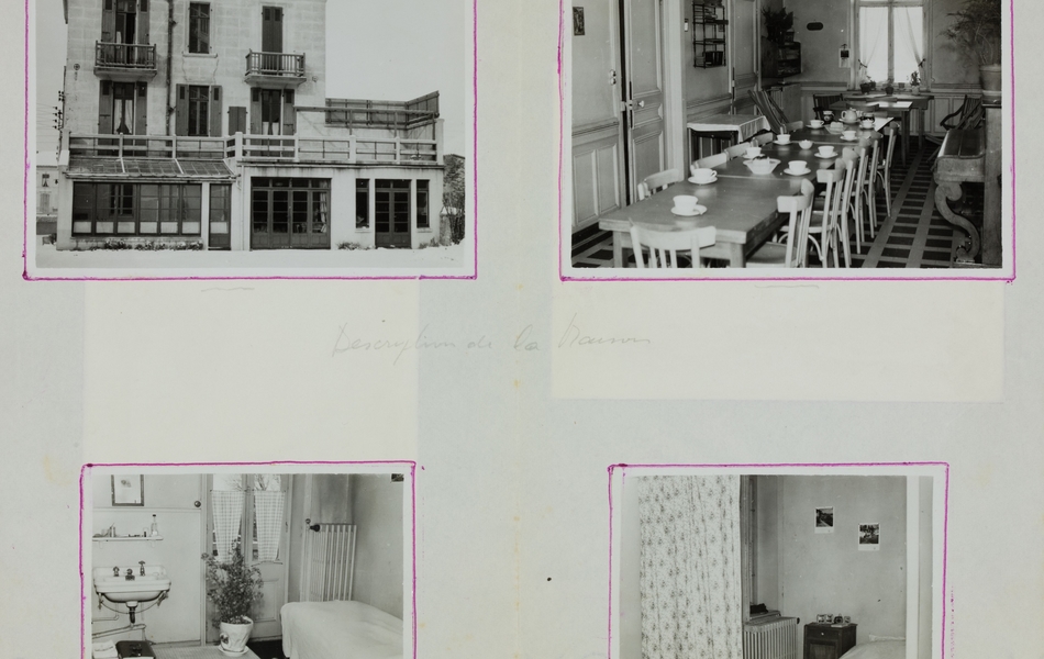 Quatre photographies en noir et blanc de la façade d'une maison, des chambres et du réfectoire.