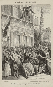 Gravure monochrome montrant une foule rassemblée sous un balcon, bras levés et poings dressés. 