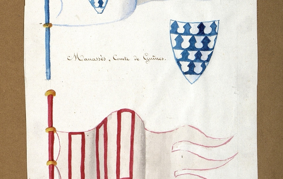 Mât bleu sur lequel est fixé un drapeau de vair blanc et bleu ; à sa droite est représenté un blason aux mêmes couleurs. En-dessous de ces armoiries se trouve un mât rouge sur lequel est fixé un drapeau blanc rayé de rouge ; à sa droite est représenté un blason aux mêmes couleurs.