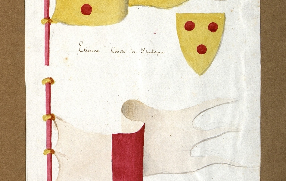 Mât rouge sur lequel est fixé un drapeau jaune avec trois pois rouges qui forment un triangle ; à sa droite est représenté un blason aux mêmes couleurs. En-dessous de ces armoiries se trouve un drapeau blanc avec une rayure rouge et verticale au centre ; à sa droite est représenté un blason aux mêmes couleurs.