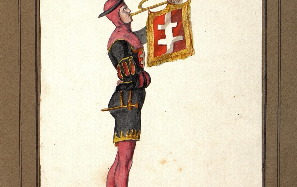 Homme de profil soufflant dans une trompette sur laquelle est fixé un drapeau blanc et rouge bordé d'or.  L'homme vêtu d'un bliaud noir sur des collants rouges et porte des chausses marrons.  Une courte épée est suspendue à sa ceinture.  Il est coiffé d'une cale rouge cerclée de noir.