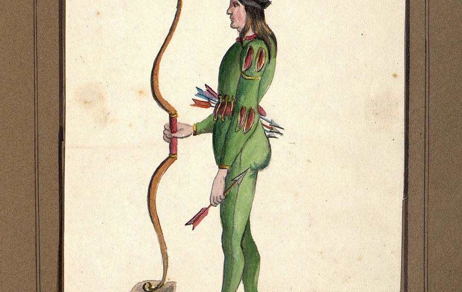 Homme de profil tenant un arc de la main droite et une flèche de la main gauche.  L'homme est vêtu d'un justaucorps vert et porte des chausses marrons.  Des flèches sont suspendues à sa ceinture rouge.  Il est coiffé d'un chapeau noir.