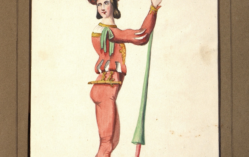  Homme de profil tenant une lance verte dans ses mains. Il est vêtu d'un plastron rouge sur des collants roses.  Une courte épée est suspendue à sa ceinture.  Il est coiffé d'un chapeau rose avec une plume.