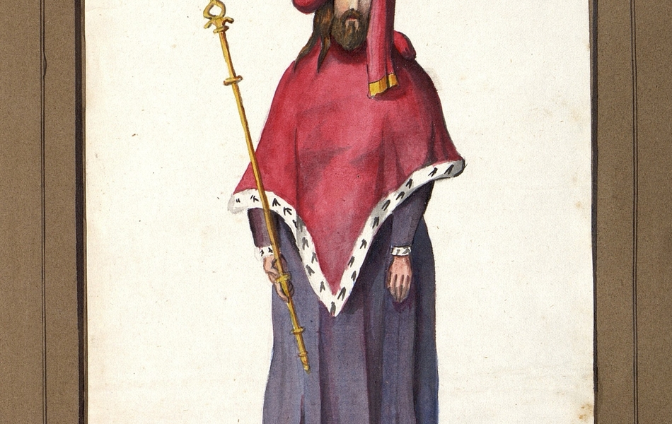 Homme de face tenant un bâton dans la main droite.  L'homme est vêtu d'une robe d'échevin bordée de fourrure et porte des souliers rouges.  Il est coiffé d'un chaperon rouge.