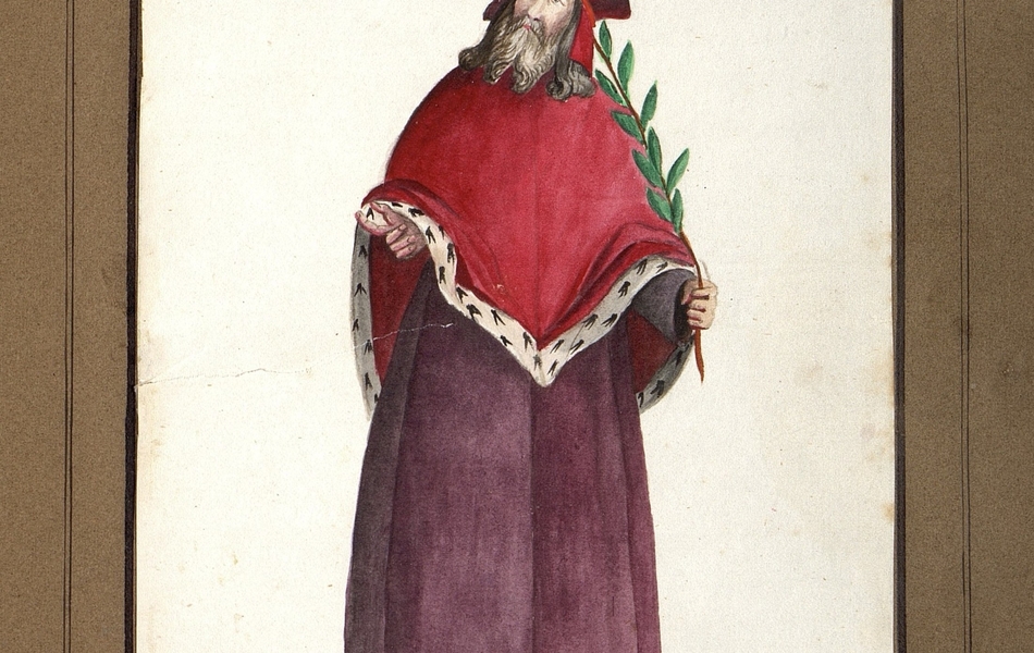 Homme de face tenant un rameau d'olivier dans la main gauche.  L'homme est vêtu d'une robe mauve et porte une grande cape bordée de fourrure et des chausses rouges.  Il est coiffé d'un chapeau rouge.