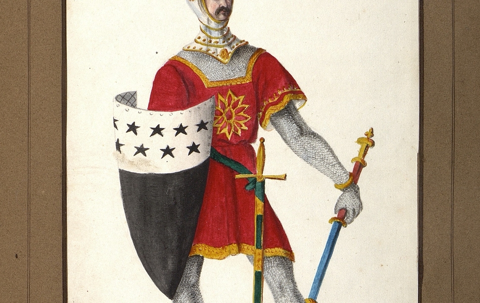Homme de face tenant un bouclier dans la main droite et un sceptre dans la main gauche.  L'homme est vêtu d'une tunique rouge bordée d'or sur une cotte de mailles.  Une épée est supendue à sa ceinture.  Il est coiffé d'un heaume gris avec une plume blanche.