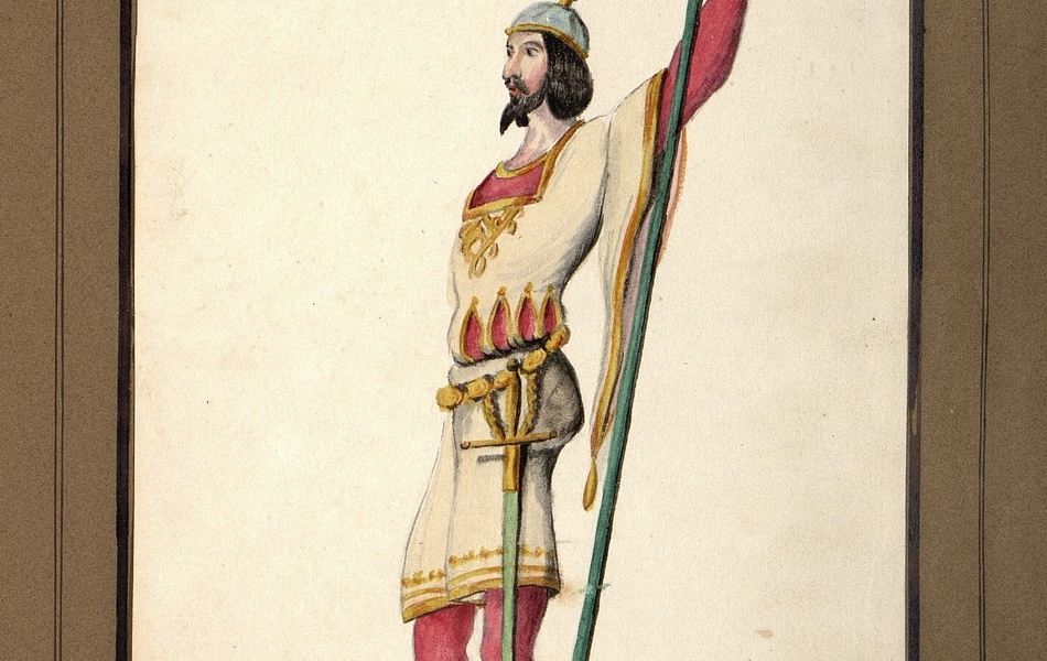 Homme de profil portant l'étendard du prince.  L'homme est vêtu d'une tunique blanche bordée d'or sur des collants rouges et porte des souliers blancs avec des rayures bleues.  Une longue épée est supendue à sa ceinture.  Il est coiffé d'un heaume gris avec une grande plume verte.