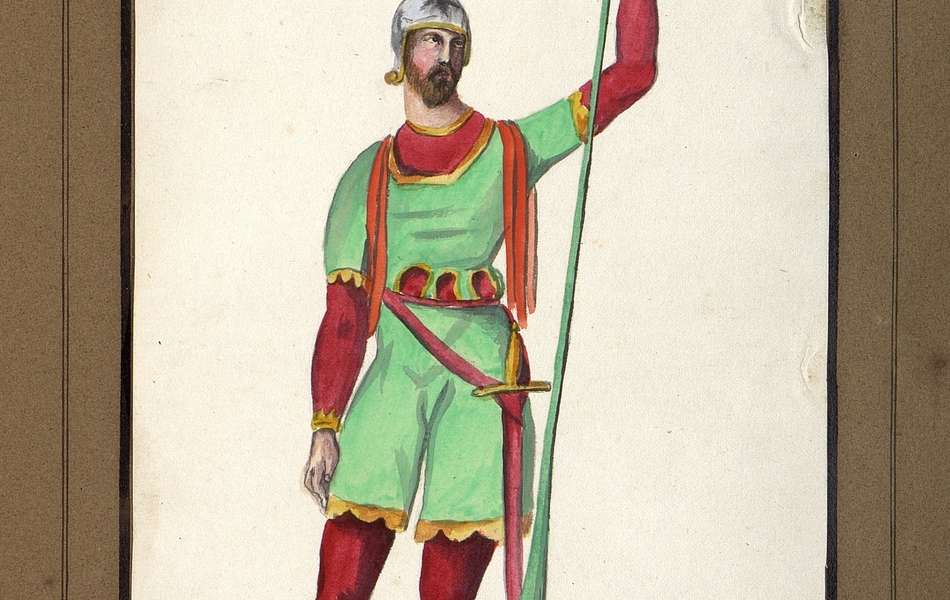 Homme de face tenant une lance verte dans la main gauche.  L'homme est vêtu d'une tunique verte sur des collants rouges et porte des chausses marrons avec des éperons d'or.  Une longue épée est supendue à sa ceinture.  Il est coiffé d'un heaume gris avec une grande plume rose.