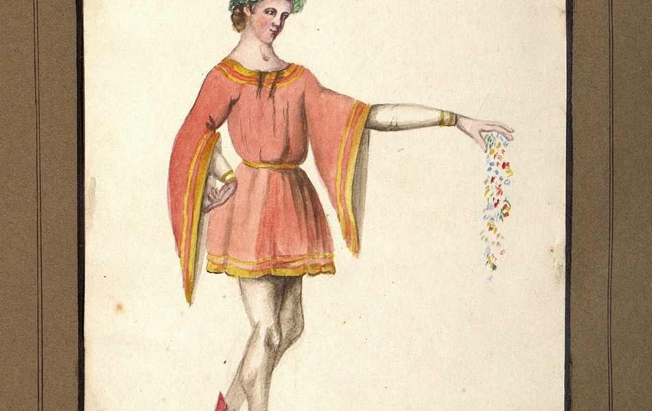 Garçon de profil jetant des fleurs.  Le garçon est vêtu d'une tunique rose qui est bordée d'or et porte des chausses roses foncés.  Il est coiffé d'une couronne de feuilles.