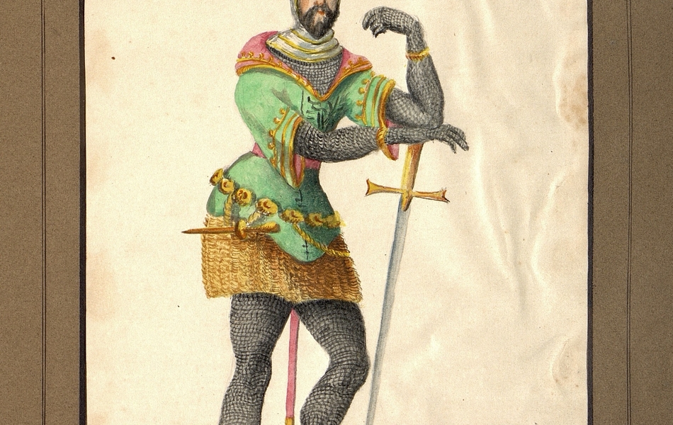 Homme de face tenant une épée dans la main droite.  L'homme est vêtu d'une tunique verte bordée d'or sur une cotte de mailles et porte des chausses de métal.  Une épée et un poignard sont suspendus à sa ceinture.  Il est coiffé d'un heaume gris avec une grande plume bleue.