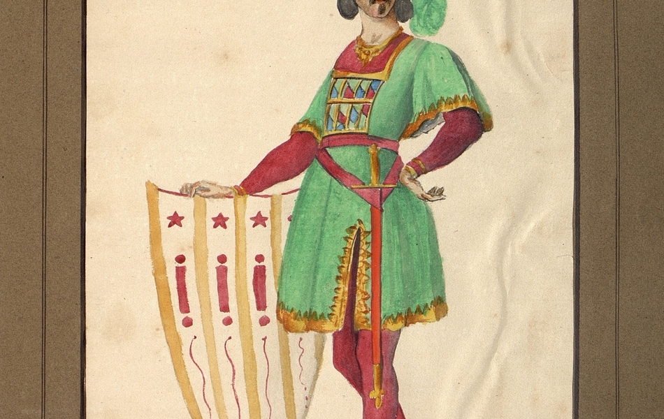 Homme de profil avec le visage de face posant la main droite sur un bouclier.  L'homme est vêtu d'une tunique verte bordée d'or sur un justaucorps rouge et porte des chausses jaunes avec des rayures noires.  Une épée est suspendue à sa ceinture. Il est coiffé d'un chapeau rouge avec une grande plume verte.