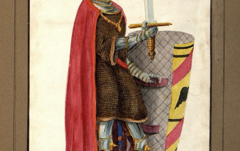 Homme de profil tenant un bouclier dans la main gauche et une épée dans la main droite.  L'homme est vêtu d'une armure complète et porte une grande cape rouge qui touche le sol.   Il est coiffé d'un heaume avec une plume rose.