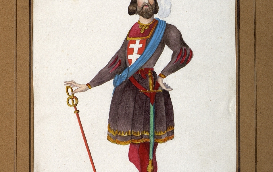 Homme de profil avec le visage de face appuyé sur une une canne.  L'homme est vêtu d'une tunique mauve bordée d'or sur des collants rouges et porte des chausses marrons.  Une longue épée est supendue à sa ceinture.  Il est coiffé d'un chapeau rouge avec une plume blanche.