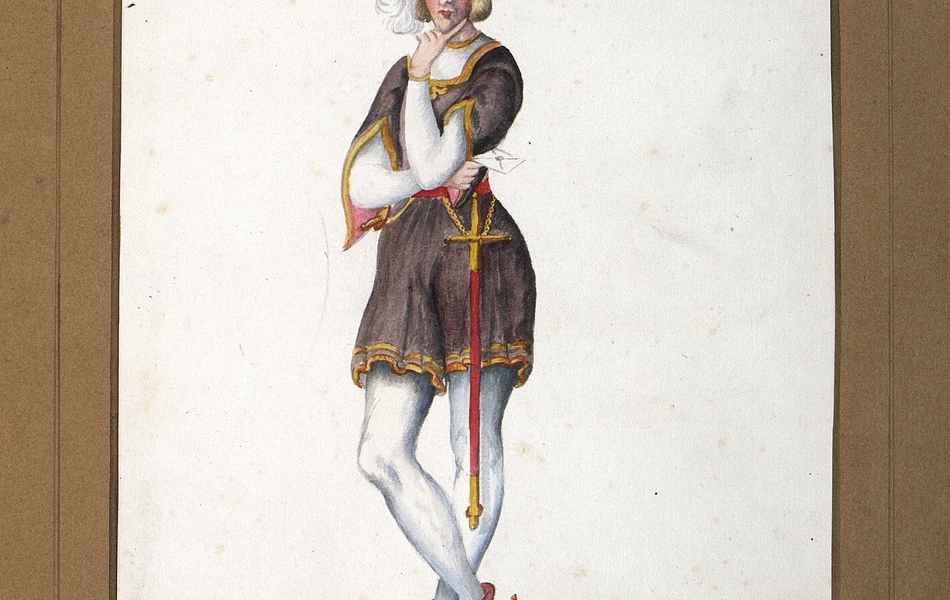 Homme ayant une posture pensive.  L'homme est vêtu d'un bliaud mauve sur des collants blancs et porte des chausses mauves aux éperons d'or.  Une longue épée est suspendue à sa ceinture.  Il est coiffé d'un chapeau mauve avec une plume blanche.