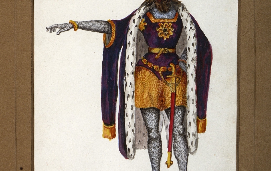 Homme de face vêtu d'une tunique violette bordée d'or avec une jupe d'or sur une cotte de mailles. Il porte une grande cape violette bordée d'hermine.  Une longue épée est supendue à sa ceinture.  Il est coiffé d'un chapeau violet bordé de fourrure.