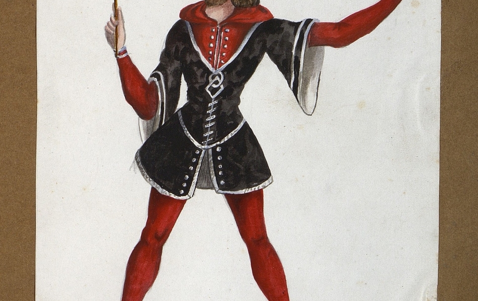 Homme de face avec le visage de profil tenant des clochettes dans ses mains.  L'homme est vêtu d'une tunique noire bordée d'argent sur de collants rouges et porte des chausses blanches avec des rayures rouges.  Il est coiffé d'un béret rouge avec une petite plume rouge.