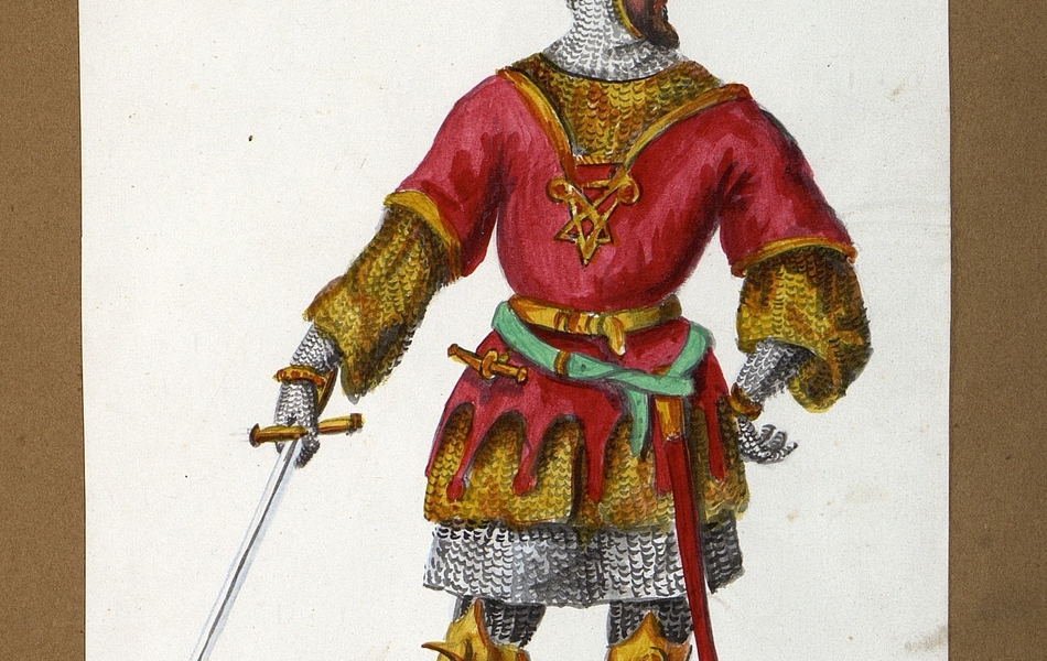 Homme de face avec le visage de profil.  L'homme est vêtu d'une tunique rouge sur une cotte de mailles et porte des éperons d'or. Une longue épée est supendue à sa ceinture.  Il est coiffé d'un heaume gris avec une grande plume verte.