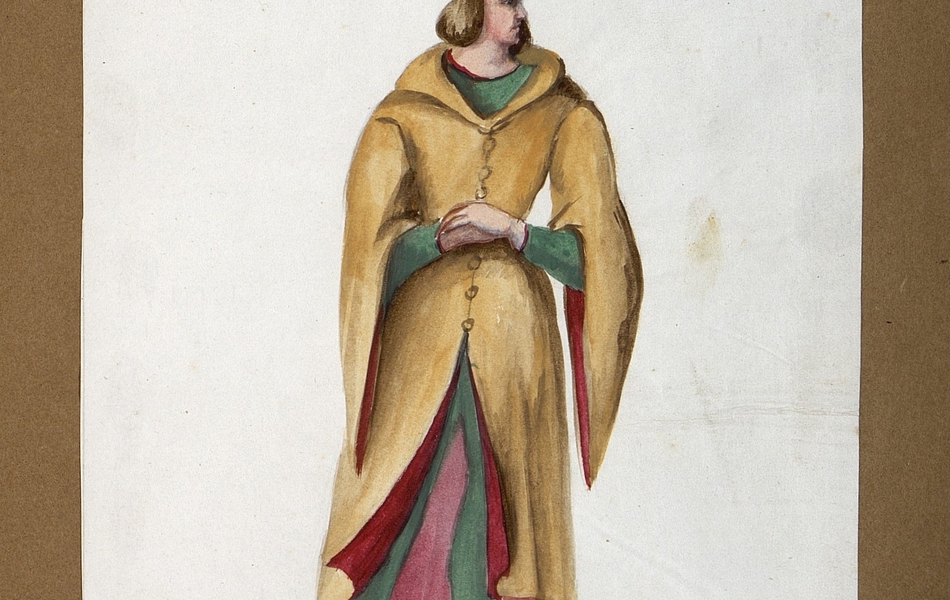 Homme de face avec le visage de profil.  L'homme est vêtu d'un manteau maron clair sur des collants verts et porte des chausses marrons clairs.  Il est coiffé d'un chapeau marron clair.