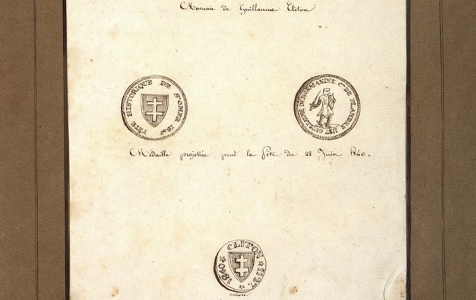 Dessins manuscrits à l'encre représentant les côtés pile et face de la "monnaie de Guillaume Cliton", ainsi que ceux d'une "médaille projettée pour la fête du 22 juin 1840" et d'une "médaille jettée en souvenir de la fête par les quatre hérauts d'armes du prince".