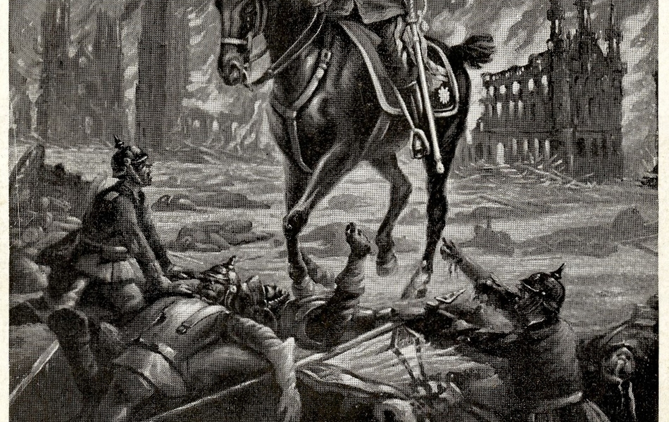 Carte postale en noir et blanc ayant pour titre "La Marche à l'Abîme". Portrait équestre du Kaiser, tourné vers la gauche. Il quitte une ville en flammes du second plan et se dirige vers des soldats allemands agonisants, au premier plan.