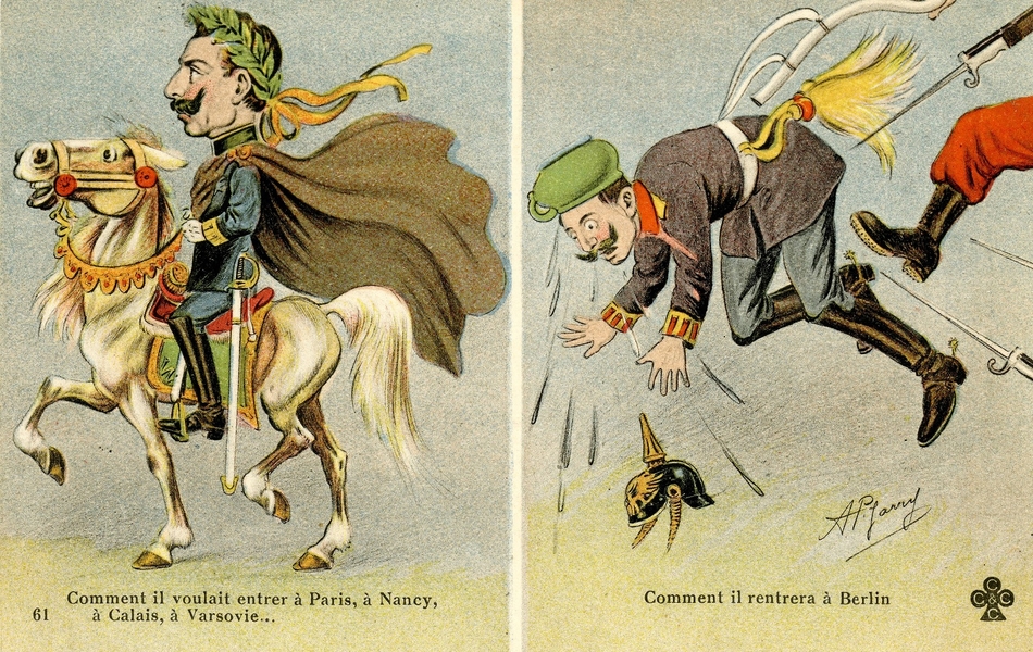 Carte postale en couleur scindée en deux parties. La partie de gauche, légendée "Comment il voulait entrer à Paris, à Nancy, à Calais, à Varsovie…", représente le Kaiser à cheval, une couronne de laurier sur la tête. Dans la partie de droite, le Kaiser, un pot de chambre en guise de couvre-chef, tombe à la renverse car il vient de recevoir un coup de pied et est piqué par des baïonnettes des militaires ennemis. La légende est la suivante : "Comment il rentrera à Berlin".