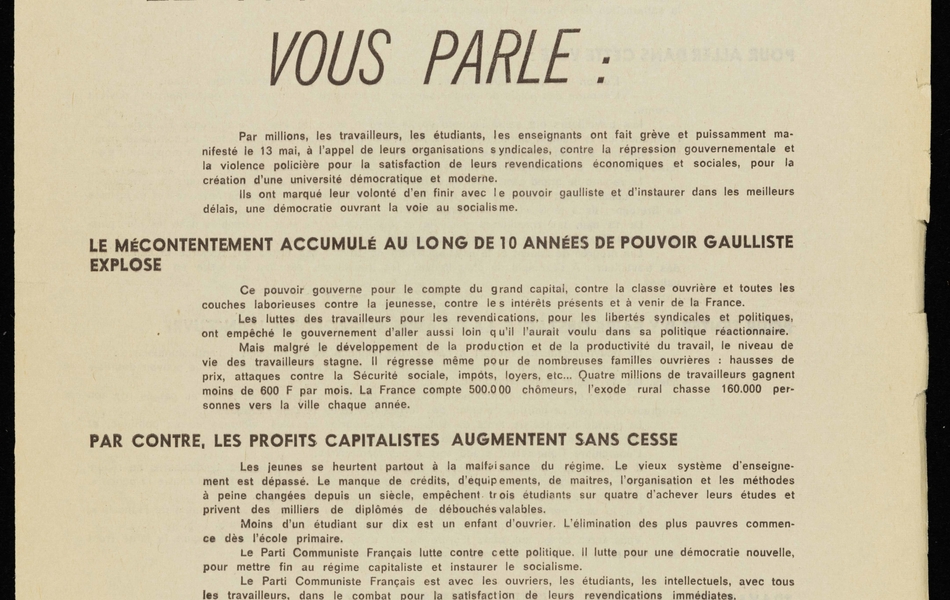 Texte imprimé qui commence par "Travailleurs, le Parti communiste vous parle".