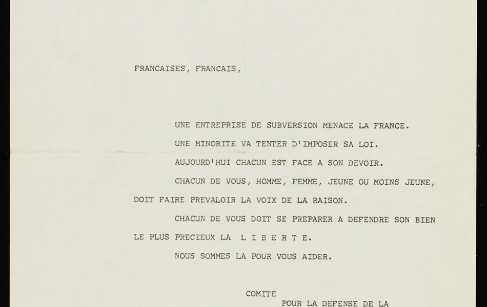 Tract : "Alerte... Françaises, Français, Une entreprise de subversion menace la France. Une minorité va tenter d'imposer sa loi..."