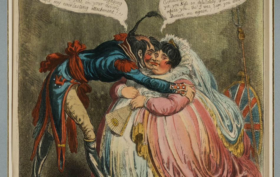 La France est représentée à gauche par le citoyen François, un officier, maigre et grand, au teint cireux. Il devient chauve et sa queue de cheval est dressée. A terre, gisent son épée et son couvre-chef. L'Angleterre est symbolisée à droite sous les traits de Britannia, une femme pleine de bonhomie, replète et richement habillée. Alors que citizen François tente de l'embrasser, Britannia jette un œil à ses armes derrière elle, un bouclier et un trident. Au-dessus d'eux, Napoléon et George III se regardent avec méfiance par médaillon interposé.