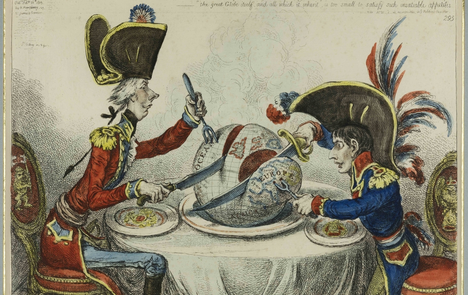Le premier ministre William Pitt et Napoléon se font face à une table ronde sur laquelle, dans un plat, est déposé un globe terrestre en forme de plum pudding. Pitt, avec un couteau et une fourchette à trois dents plantée dans l'océan Atlantique, découpe une profonde entaille à l'ouest de la Bretagne (s'étendant du pôle à l'équateur ; il obtient ainsi les Antilles). Napoléon, à l'aide de son épée et d'une fourchette à deux dents chevauchant le Hanovre, coupe l'Europe ; une large partie comprenant la France, la Hollande, l'Espagne, la Suisse, l'Italie, la Méditerranée. Il manque la Suède et la Russie. Sur le dos de la chaise de Pitt, est représenté le lion britannique couronné, se tenant sur ses pattes de derrière et brandissant un drapeau de l'Union. L'aigle impérial agrippant un bonnet rouge décore celui de Napoléon. Pitt regarde prudemment Napoléon qui regarde fixement le pudding.