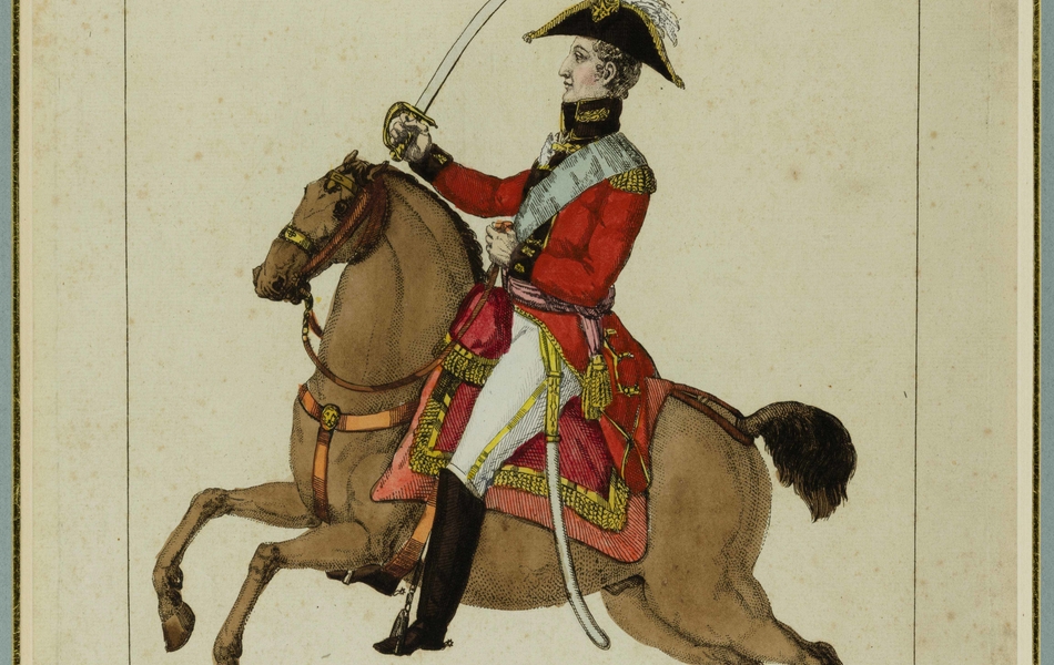 Portrait du duc de Wellington, représenté de profil à cheval, un sabre dégainé dans la main droite.