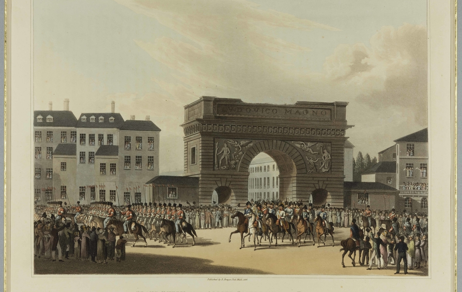 Entrée dans Paris des troupes alliées à cheval par la porte Saint-Martin devant les habitants. 