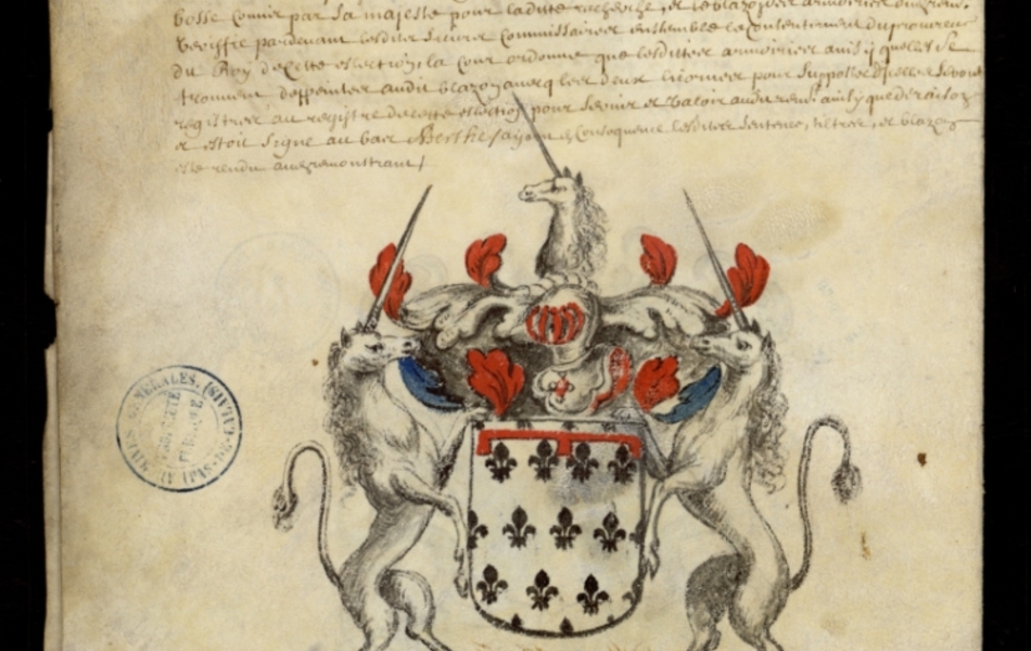 Document manuscrit composé d'un texte et d'un dessin (blason surmonté d'un heaume, entouré de deux licornes, le tout en couleur)