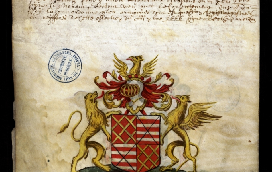 Document manuscrit composé d'un texte et d'un dessin (blason surmonté d'un heaume, entouré d'un lion et d'un griffon, le tout en couleur)