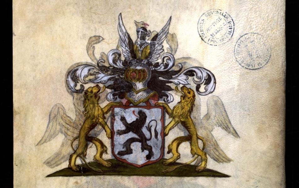 Document manuscrit composé d'un texte et d'un dessin (blason surmonté d'un heaume, entouré de deux lions, le tout en couleur)