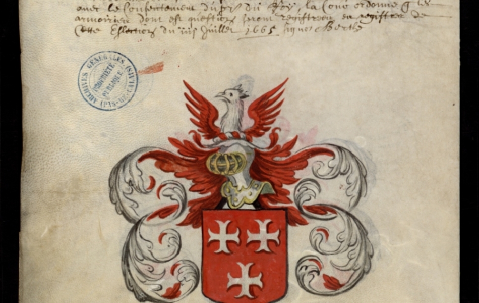 Document manuscrit composé d'un texte et d'un dessin (blason surmonté d'un heaume, le tout en couleur)