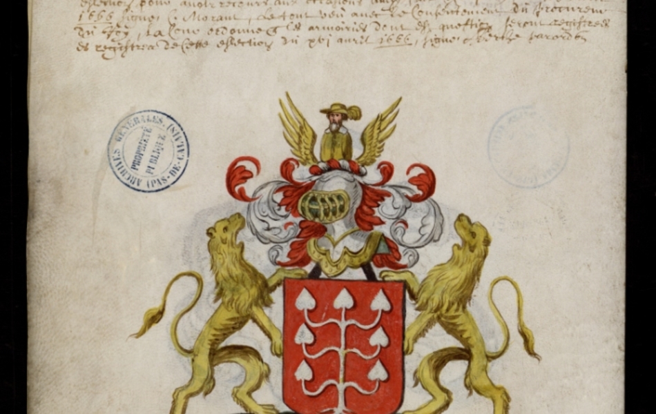 Document manuscrit composé d'un texte et d'un dessin (blason surmonté d'un heaume, entouré de deux lions, le tout en couleur)