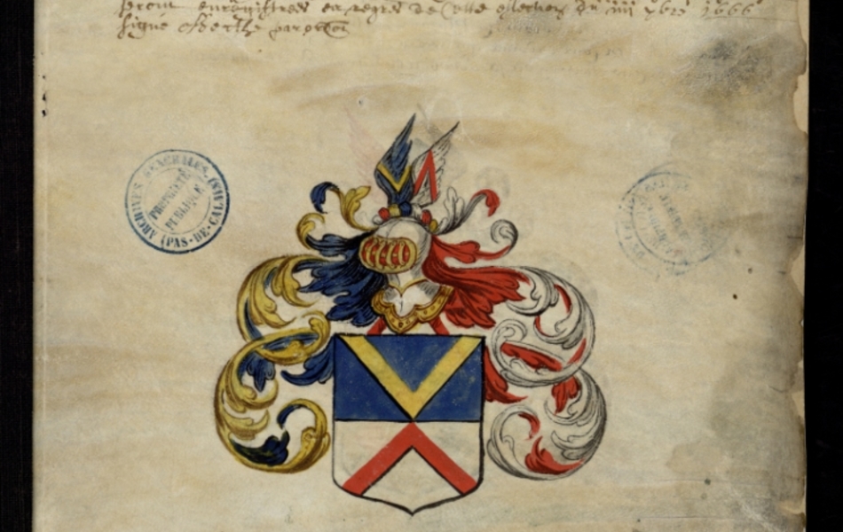 Document manuscrit composé d'un texte et d'un dessin (blason surmonté d'un heaume, le tout en couleur)