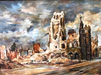 Peinture couleur montrant les ruines du beffroi d'Arras.